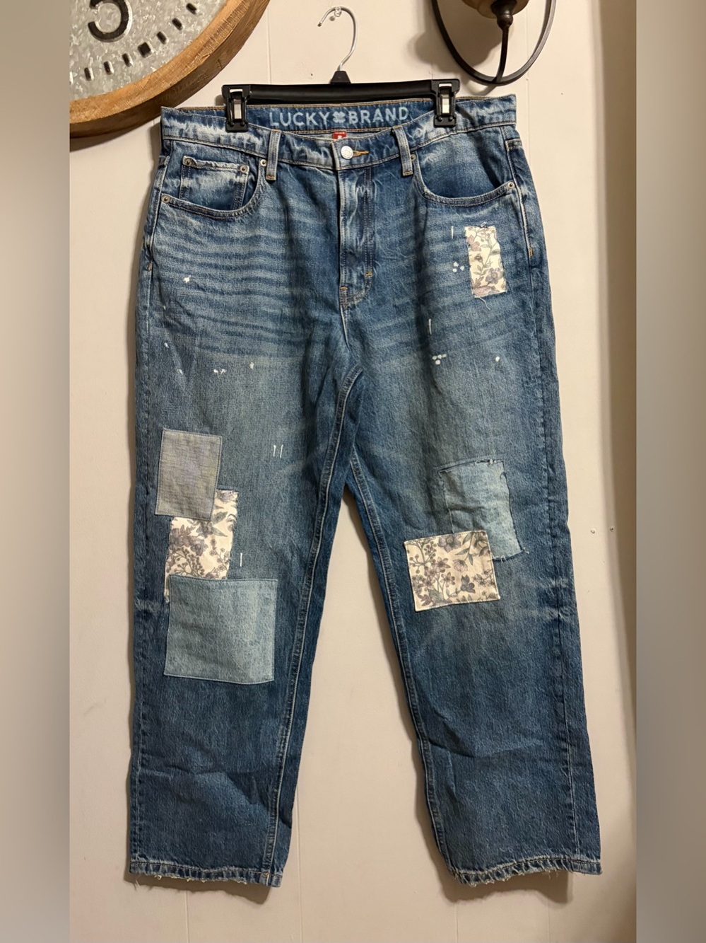 Lucky Brand Blue Patchwork Relaxed Jeans with Floral MFG Patches & Paint Splat